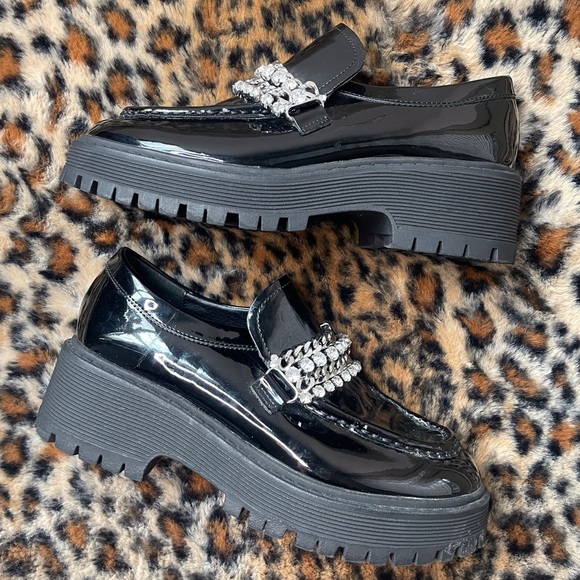 Steve Madden Shoes - Steve Madden Black Patent Loafers with Rhinestone Accent